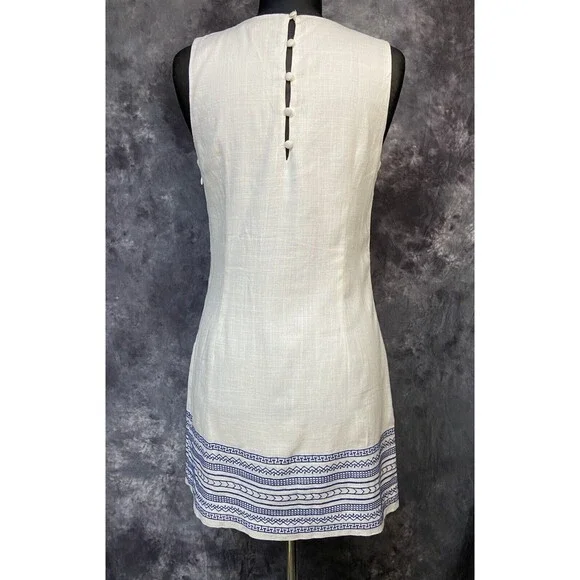 Soieblu Sz Medium Ivory/Blue Boho Embroidered Linen Blend Shift Dress - Picture 3 of 4